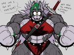 4:3 abs anthro big_muscles big_pecs bodily_fluids breasts canid canine canis claws clothing collar ear_piercing ear_ring english_text female five_nights_at_freddy's five_nights_at_freddy's:_security_breach fur green_hair grey_body grey_fur growth hair huge_muscles huge_pecs huge_thighs mama_mj_(artist) mammal melee_weapon midriff multicolored_body multicolored_fur muscle_growth muscular muscular_anthro muscular_arms muscular_female muscular_legs muscular_thighs pecs piercing purple_eyes red_clothing ring_piercing roxanne_wolf scottgames solo spiked_collar spikes steel_wool_studios sweat sword text thick_thighs tight_clothing transformation vein veiny_muscles weapon white_body white_fur wolf yellow_eyes