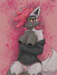 abstract_background anthro anthrofied blush bottomless breasts clothed clothing dunewulff female front_view generation_3_pokemon genitals hi_res looking_at_viewer nintendo pokemon pokemon_(species) pokemorph poochyena pussy smile solo