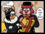 2023 anthro bat bear black_border black_hair blarf022 blarf_(blarf022) border box brown_body brown_fur brown_hair christmas clothing coat comic container dialogue english_text female fur gift gift_box group hair holidays honduran_white_bat humanoid kinx_(blarf022) leaf-nosed_bat male mammal microbat scarf sherry_bear_(blarf022) text topwear trio vranda_von_bat_(blarf022) white_body white_fur yangochiropteran