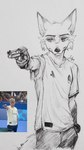 2024 2024_paris_olympics aiming anthro biped canid canine clothed clothed_anthro clothed_male clothing disney fox front_view fur greyscale gun half-length_portrait handgun hi_res holding_gun holding_handgun holding_object holding_pistol holding_ranged_weapon holding_weapon jolyn0710 male male_anthro mammal monochrome nick_wilde olympics pistol portrait ranged_weapon red_fox reference_image signature solo standing traditional_media_(artwork) true_fox weapon yusuf_dikec zootopia