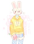 2023 anthro black_eyes blush blush_lines bunonthemoon clothing fur hi_res hoodie lagomorph leporid looking_up male mammal pink_inner_ear rabbit slim_anthro slim_male solo topwear white_body white_fur yellow_clothing yellow_hoodie yellow_topwear