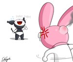 absurd_res angry anthro cdrspark cross-popping_vein demon duo evil_laugh female hi_res kuromi lagomorph laughing_at leporid mammal my_melody onegai_my_melody rabbit sanrio spade_tail tail