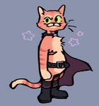 anthro belt boots cape chest_tuft clothing domestic_cat dreamtdebris dreamworks felid feline felis footwear fur fuzzy green_eyes hi_res male mammal mastectomy_scar orange_body orange_fur puss_in_boots_(character) puss_in_boots_(dreamworks) scar shoes simple_background smile solo standing star tabby_cat trans_(lore) trans_man_(lore) tuft visibly_trans whiskers