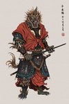 2021 anthro armor asian_clothing asian_mythology barefoot beard chinese_clothing chinese_mythology chinese_text clothed clothing club_(weapon) dragon east_asian_clothing east_asian_mythology eastern_dragon facial_hair fantasy feet fully_clothed hi_res lamellar_armor looking_at_viewer male melee_weapon muyang_fort mythological_creature mythological_scalie mythology robe scalie solo text twenty-eight_mansions warrior weapon