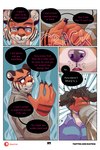 2:3 bastriw blue_eyes claws clothing comic dialogue english_text eye_scar eyewear facial_scar felid fernando_(bastriw) glasses hi_res male mammal martin_(bastriw) outside pantherine scar text threatening tiger url violence