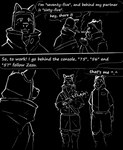 absurd_res anthro black_background canid colored_line_art comic dark dialogue digital_drawing_(artwork) digital_media_(artwork) english_text felid group hi_res kofomy line_art male mammal monochrome simple_background speech_bubble text trio white_line_art