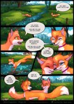 abby_(rukifox) blue_eyes canid canine collar comic dialogue dipstick_ears dipstick_tail duo ear_markings english_text female feral fox hi_res mammal markings miyuki_(rukifox) multicolored_ears outside river rukifox speech_bubble tail tail_markings text yellow_eyes