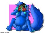 ambiguous_gender animal_genitalia anthro anthro_pred balls belly belly_overhang big_belly big_breasts blue_body blue_fur blue_nipples blue_skin blue_tongue breasts claws content_smile duo fluffy fluffy_ears fluffy_hair fluffy_tail forced fully_sheathed fur genitals green_body green_fur gynomorph hair hi_res huge_breasts intersex long_hair looking_pleasured machine neck_bulge nipples nude onomatopoeia open_mouth open_smile paws pleased protogen protogen_visor same_size_vore satisfied sheath simple_background smile sokoyo_owo solo_focus sound_effects starry starry_(sokoyo_owo) tail text thick_thighs tongue vore watermelon_(sokoyo_owo)