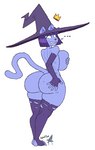 anthro big_breasts big_butt biped breasts butt cat_witch_(smekbo) clothing domestic_cat felid feline felis female fur hair hat headgear headwear hi_res holding_breast legwear mammal mostly_nude robotjoe simple_background solo standing teeth thick_thighs thigh_highs white_background witch_hat