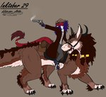 anthro azai_(hunam) blue_eyes brown_body brown_fur claws clothing coat duo felkin female feral fur gear gun hair handgun horn hunamarts hybrid inktober looking_aside male open_mouth piercing purple_hair ranged_weapon revolver riding rose_(hunam) saddle saddle_bag sergal tail topwear weapon western yellow_eyes