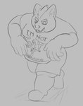 2020 5_fingers anthro bottomwear canid canine canis clothed clothing dancing digital_drawing_(artwork) digital_media_(artwork) domestic_dog english_text eyebrows fingers footwear fortnite_default_dance fully_clothed grey_background hair herding_dog humor male mammal monochrome nobodyshouse overweight overweight_anthro overweight_male pants pastoral_dog shirt simple_background sketch solo t-shirt taigo_(nobodyshouse) text text_on_t-shirt thick_eyebrows three-quarter_view topwear welsh_corgi