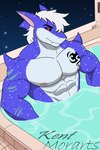 black_sclera blue_body cel_shading fish hair hi_res hot_tub male marine muscular muscular_male night pecs shaded shark solo tattoo water watermark white_hair wolfe_fubuki