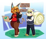 2024 animal_crossing anthro brown_body canid canine canis clothed clothing dialogue domestic_dog duo eating english_text female food fully_clothed hi_res katt_(animal_crossing) male mammal marshal_(animal_crossing) nintendo rodent sciurid skalesstash slightly_chubby slightly_chubby_anthro slightly_chubby_female speech_bubble teasing text tree_squirrel yellow_body