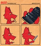 ambiguous_gender anthro canid canine canis cardboard comic deedoss electronics fox hi_res looking_at_object looking_at_phone looking_at_viewer looking_down mammal meme metal_pipe phone questioning_look redd_(deedoss) scrolling simple_eyes simple_face solo twitter wolf