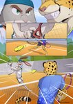 anthro ball cheetah comic dave_(lion21) ear_piercing felid feline hi_res lagomorph leporid lion21 male mammal piercing rabbit sport tennis tennis_ball tennis_racket