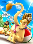 absurd_res anthro balls beach bikini breasts bulge butt clothing digital_media_(artwork) duo fan_character felid female femboy fur genitals hair hi_res link6432 lion male mammal pantherine simple_background swimwear tail two-piece_swimsuit ych_(character)