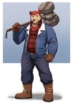 absurd_res anthro bear boots bottomwear clothed clothing digital_media_(artwork) ear_piercing ear_ring flannel footwear fur gloves hammer handwear hi_res kerchief male mammal maul pants piercing putai22 red_body red_fur ring_piercing shoes simple_background smile solo standing tan_body tan_fur terry_(shai_dreamcast) tools