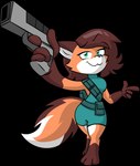 alpha_channel anthro bottomwear brown_body brown_fur brown_hair canid canine clothing female fluffy fluffy_tail fox fur green_eyes hair hi_res jeffkyler14 laser_gun macy mammal orange_body orange_fur ranged_weapon shirt shorts smile solo tail topwear weapon white_body white_fur