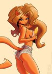 2022 anthro bikini bikini_top bodily_fluids bottomwear breasts brown_eyes brown_hair butt butt_pose clothing conditional_dnp cutoffs daisy_dukes denim denim_bottomwear denim_clothing felid feline female food fur hair hotpants jollyjack looking_at_viewer mammal orange_background orange_body orange_fur popsicle pose shorts side_boob simple_background solo sweat swimwear tail two-piece_swimsuit