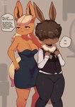 2023 absurd_res anthro black_nose blush brown_hair clothed clothing dialogue digital_media_(artwork) duo eevee eeveelution english_text female fingers flareon fur generation_1_pokemon hair hi_res kyurisawa male nintendo pokemon pokemon_(species) size_difference smaller_male text