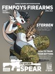 3:4 anthro assault_rifle bell bell_collar bottomless camo canid canine clothed clothing collar cover digital_camo english_text eye_scar facial_scar fangs femboy fictional_magazine_cover gun hi_res legwear magazine_cover male mammal marcus_gray qr_code ranged_weapon rifle scar solo stockings teeth text thick_thighs tongue tongue_out weapon wide_hips