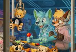 aloha_shirt anthro arcade arcade_machine blue_body blue_eyes blue_fur blue_hair brown_eyes canid canine claw_machine clothing duo ear_piercing eyewear fox fur glasses green_eyes hair hoodie inner_ear_fluff male male/male mammal mouse multicolored_body multicolored_fur murid murine orange_body orange_fur orange_hair pandapaco pattern_clothing pattern_shirt pattern_topwear piercing plushie proposal rodent shirt smile teddy_bear topwear tuft two_tone_body two_tone_fur