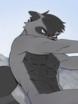 2024 angry anthro athletic athletic_anthro athletic_male biped fallen_angel_(painting) fur grey_body grey_fur hi_res inspired_by_formal_art looking_at_viewer male mammal novumave nude_anthro nude_male procyonid purple_eyes raccoon solo