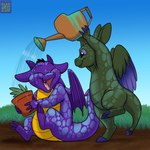 1:1 ambiguous_gender anthro dragon duo eyes_closed feathered_wings feathers foxenawolf green_body green_scales membrane_(anatomy) membranous_wings mythological_creature mythological_scalie mythology open_mouth outside plant purple_body purple_scales scales scalie spade_tail tail watering_can wings