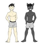 1:1 alternate_species anthro bat boxers_(clothing) clothed clothing duo fuze hands_on_hips hi_res human humanized kenta_yamashita male mammal navel nipples simple_background texnatsu topless underwear underwear_only white_background