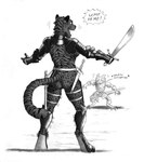 0laffson 2024 anthro armor bare_breasts barely_visible_genitalia barely_visible_pussy belt biped bottomwear breasts bulge butt clothing couter cuisse dagger dialogue digitigrade duo english_text erection erection_under_clothing felid female fingers fur gauntlets genitals gloves gorget graphite_(artwork) greaves handwear hi_res holding_melee_weapon holding_object holding_sword holding_weapon horn hybrid jaguar jip_(shalak) kobold male mammal markings melee_weapon meme monochrome motion_lines neuron_activation pantherine pants pauldron poleyn pussy rear_view rerebrace river_(xanderh) sabatons sash scabbard scalie shadow shirt speech_bubble standing striped_body striped_fur striped_markings striped_tail stripes sword tail tail_markings text tiger topwear traditional_media_(artwork) tunic unconvincing_armor weapon wide_eyed