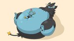 16:9 ambiguous_gender belly big_belly black_body black_fur blue_body blue_fur duo feral fur generation_4_pokemon heart_symbol huge_belly huge_thighs hyper hyper_belly luxray lying nintendo obese on_back overweight pokemon pokemon_(species) pukupukudragon quadruped shinx simple_background size_difference standing stuffing thick_thighs weight_gain widescreen