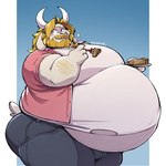 2_horns anthro arm_hair asgore_dreemurr beard belly big_belly big_butt bloated blonde_beard blonde_facial_hair blonde_hair blonde_mustache blush body_hair bottomwear bovid butt caprine clothing denim denim_bottomwear denim_clothing eating eating_food eating_pie facial_hair floppy_ears food goat hair hi_res horn huge_belly huge_moobs jeans love_handles male mammal musclegut muscular mustache obese obese_anthro obese_male overweight overweight_anthro overweight_male pants pastry pie pink_polo_shirt racesolar shirt solo thick_thighs tight_clothing topwear torn_clothing torn_shirt torn_topwear undertale_(series) white_clothing white_shirt white_topwear