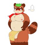 anthro asian_clothing balls belly big_balls big_belly big_penis blush bodily_fluids bottomwear bulge canid canine clothed clothing digital_media_(artwork) east_asian_clothing erection fundoshi fur genitals hair headgear headwear hi_res japanese_clothing kemono leaf male mammal navel nipples overweight overweight_male partially_clothed penis raccoon_dog red_eyes sdscrib simple_background solo sweat tanuki underwear