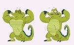 2023 abdominal_scar absurd_res alligator alligatorid anthro belly biceps biped bodily_fluids cranky_(where's_my_water?) crocodilian digital_media_(artwork) disney featureless_crotch flexing flying_sweatdrops green_body green_scales hi_res kogito male open_mouth overweight overweight_anthro overweight_male pose reptile scales scalie scar solo standing sweat sweatdrop tail teeth where's_my_water?