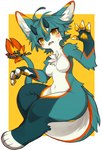 absurd_res anthro arm_tuft artist_name blue_body blue_fur blue_hair blush bodily_fluids breasts chest_tuft claws countershading digitigrade dipstick_fingers dragon featureless_breasts featureless_crotch female fingers fluffy fur furred_dragon furred_scalie hair hi_res horn huge_thighs inner_ear_fluff leg_tuft looking_at_viewer mihua multicolored_body multicolored_ears multicolored_fur mythological_creature mythological_scalie mythology navel on_tail open_mouth orange_body orange_fur paintbrush_tail pawpads paws scalie short_hair simple_background sitting solo stripes sue36v sweat sweatdrop tail tail_tuft teeth text thick_thighs tuft white_body white_fur wide_hips yellow_eyes