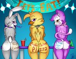 2021 animatronic anthro avian beak bib big_butt bird black_nose body_writing bow_tie breasts brown_eyes buckteeth butt chica_(fnaf) chicken cindy_(fnac) clothing container cup dialogue digital_media_(artwork) domestic_cat eyebrows eyelashes fangame fazbear_fanverse felid feline felis female five_nights_at_candy's five_nights_at_freddy's furniture galliform gallus_(genus) genitals grey_body grey_hair group group_sex hair hat headgear headwear hi_res lagomorph lechugansfw leporid licking looking_at_viewer looking_back looking_back_at_viewer machine mammal multicolored_body narrowed_eyes open_mouth orange_beak party_hat phasianid pink_bow_tie pink_nose presenting presenting_hindquarters purple_body purple_bow_tie purple_eyes purple_hair pussy rabbit rachel_the_rabbit_(tnar) ribbons robot scottgames sex simple_background table teeth text those_nights_at_rachel's tongue tongue_out white_body writing_on_butt yellow_body