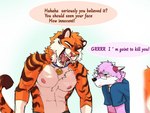 anthro canid canine clothed clothing collar dialogue duo english_text eyewear felid fox glasses male male/male mammal moshihun muscular muscular_male pantherine text tiger topless