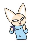 aggretsuko anthro biped bodily_fluids canid canine cellphone clothing electronics ender369 female fennec_fox fenneko fox mammal open_mouth phone sanrio simple_background solo stressed sweat sweater topwear true_fox white_background