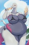 anthro belly big_belly big_breasts bikini breasts clothed clothing countershade_scales countershading dessert digital_media_(artwork) eating female food generation_7_pokemon hi_res huge_breasts ice_cream looking_at_viewer multicolored_body multicolored_scales navel nintendo non-mammal_breasts o-ring o-ring_bikini o-ring_bikini_top o-ring_swimwear obese outside overweight overweight_anthro overweight_female pink_body pink_countershading pink_scales pokemon pokemon_(species) popsicle pupils reptile salazzle sand scales scalie seaside shano_541 shiny_pokemon side-tie_bikini side-tie_clothing side-tie_swimwear sky solo string_bikini swimwear tail thick_thighs tongue tongue_out triangle_bikini two-piece_swimsuit water weight_gain white_body white_scales wide_hips