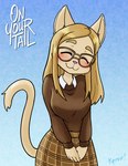 anthro big_breasts blonde_hair blush bottomwear breast_squish breasts cat_girl_(on_your_tail) cat_smile clothed clothing collared_shirt colored cupped_hands digital_media_(artwork) domestic_cat ears_up english_text eyebrows eyewear felid feline felis female fingers fur glasses hair happy head_tilt hi_res inner_ear_fluff kprov long_hair mammal on_your_tail shaded shirt signature simple_background skirt smile smiling_at_viewer solo squish standing sweater tail tail_fluff tan_body tan_fur text topwear tuft undershirt