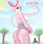 absurd_res alexis_(disambiguation) anthro big_breasts big_butt breasts butt clothed clothing clothing_lift countershading emadbz female hi_res lagomorph leporid long_tail mammal pink_body portrait rabbit solo tail three-quarter_portrait