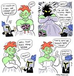 armor clothing comic dialogue dress english_text female green_body green_skin hair headgear helmet human humanoid knight larger_female mammal marko_comics muscular muscular_female not_furry orc red_hair size_difference text warrior wedding_dress yellow_eyes zira_(marko)