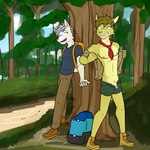 1:1 adam_caro anthro ascot backpack boots bottomwear canid canine canis circumcised clothed clothing duo felid feline flaccid flat_colors footwear forest fully_clothed fuze genitals hi_res humanoid_genitalia humanoid_penis luke_(texnatsu) lynx male male/male mammal navel nipples open_shorts outside pants partially_clothed penis plant shirt shoes shorts t-shirt texnatsu topwear tree undressing wolf