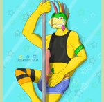 anthro armband assassinfenrir bedroom_eyes black_clothing bottomwear clothed clothing condom condom_in_mouth digital_media_(artwork) genitals green_body green_skin hair hi_res koopa koopaling lemmy_koopa looking_at_viewer male mario_bros mouth_hold multicolored_body multicolored_hair narrowed_eyes nintendo nipples object_in_mouth orange_eyes pants penis pink_penis pole pubes scalie seductive sexual_barrier_device shaded shirt short_tail shorts signature simple_background solo tail tank_top topwear two_tone_body underwear yellow_body