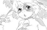 anthro bell big_breasts blush bovid bovine breasts cattle collar digital_media_(artwork) ear_piercing female flower fur hair horn kikurage mammal monochrome nude open_mouth piercing plant short_hair solo ushi