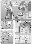 absurd_res anthro black_and_white braun_(kifyun2) building canid canine clothed clothing comic cybernetics dialogue ear_piercing emily_braun_(undying_void) english_text female fox group hi_res inner_ear_fluff kifyun2 machine male mammal monochrome notes piercing simple_background speech_bubble tatsuo_kimura text trio tuft whistling