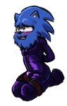 anonymous_artist anthro bdsm beard beard_growth eulipotyphlan facial_hair hedgehog hi_res latex lock_bulge lock_symbol male male/male mammal restrained_arms restrained_legs restraints sega solo sonic_the_hedgehog sonic_the_hedgehog_(series)