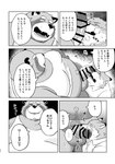 2024 absurd_res anthro balls belly big_belly blush canid canine censored clothing comic dialogue duo erection fox genitals hi_res humanoid_genitalia humanoid_penis japanese_text kemono male male/male mammal open_mouth overweight overweight_male penis raccoon_dog shirt sv_grart tanuki text topwear