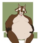 2017 2_horns anthro belly bent_arm big_belly black_nose bovid bovid_horn brown_body brown_fur brown_horn brown_tail caprine caprine_horn closed_smile digital_drawing_(artwork) digital_media_(artwork) english_description featureless_chest fingers flat_colors fur goat goat_horn green_eyes greg_(theannoyingnpc) hi_res holding_belly horizontal_pupils horn male male_anthro mammal moobs mouth_closed multicolored_body multicolored_fur navel nude_anthro nude_male obese obese_anthro obese_male overweight overweight_anthro overweight_male pink_tongue pupils simple_background sitting smile solo tail theannoyingnpc tongue two_tone_tail white_body white_fur white_inner_ear white_tail