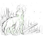 2024 alternate_species ambiguous_feral ambiguous_gender canid canine digital_drawing_(artwork) digital_media_(artwork) eyes_closed facial_markings feral fluffy fluffy_tail forehead_markings full-length_portrait fur green_body green_ears green_fur green_tail halo head_markings mammal markings outside portrait quadruped rain_world ruins rwdz saint_(rain_world) side_view sketch solo standing tail videocult